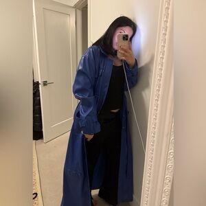 Blue oversize leather trench coat